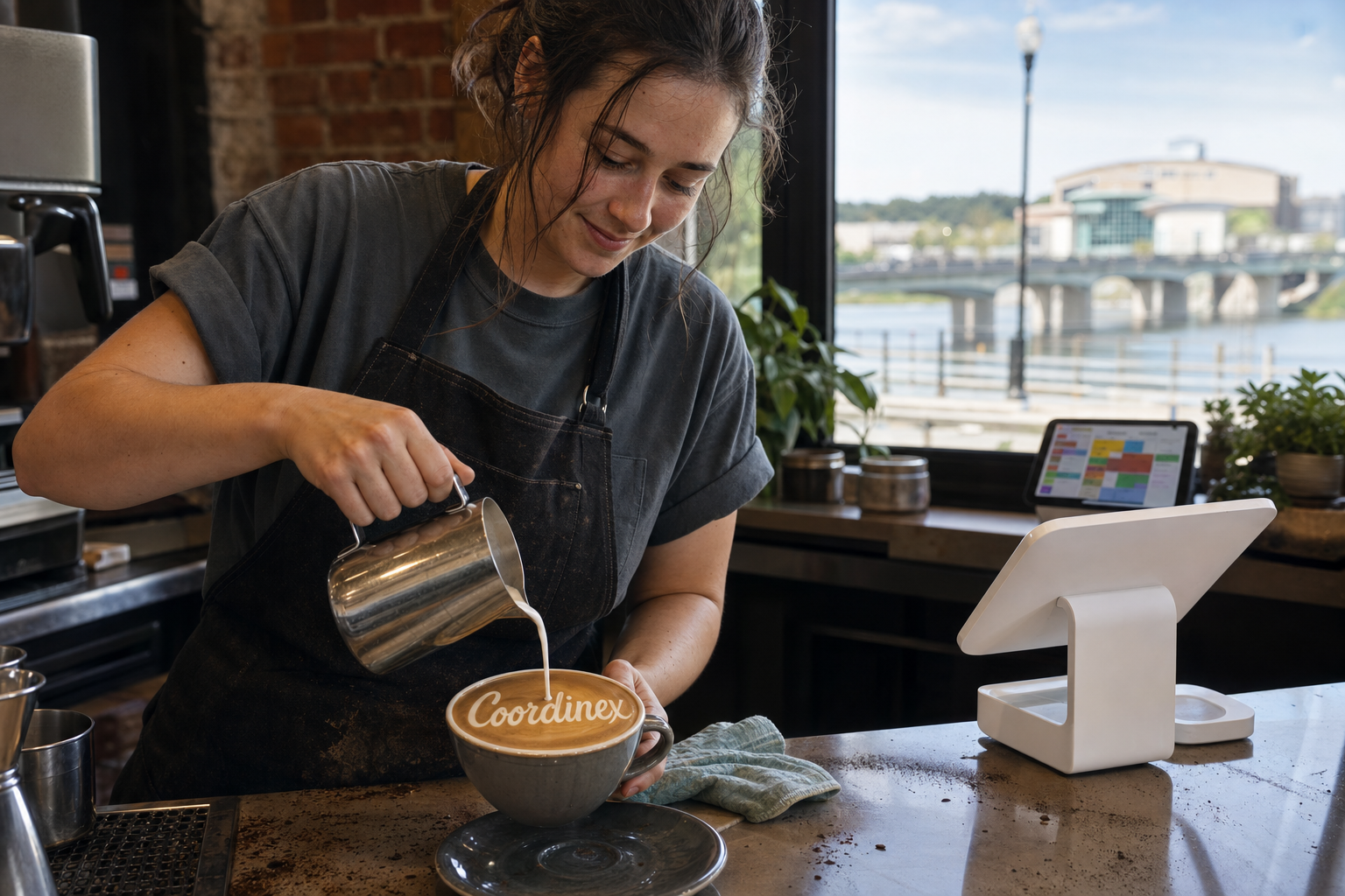 Young adult woman barista pouring milk into latte art spelling Coordinex, with a point-of-sale tablet nearby inside a coffee shop in Ottumwa, IA.