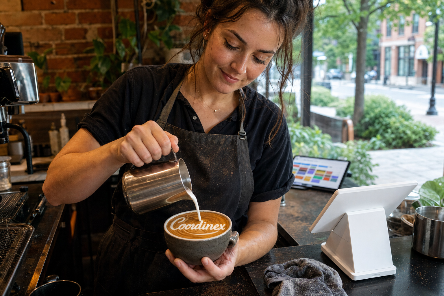 Young adult woman barista pouring milk into latte art spelling Coordinex, with a point-of-sale tablet nearby inside a coffee shop in Overland Park, KS.
