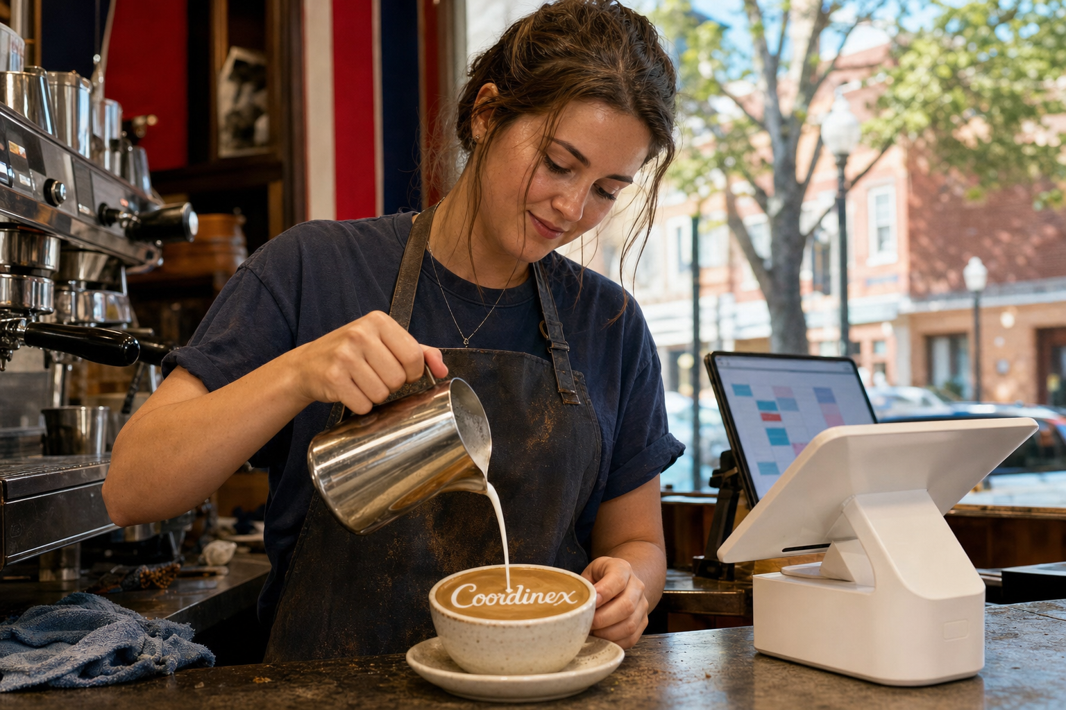 Young adult woman barista pouring milk into latte art spelling Coordinex, with a point-of-sale tablet nearby inside a coffee shop in Oxford, MS.