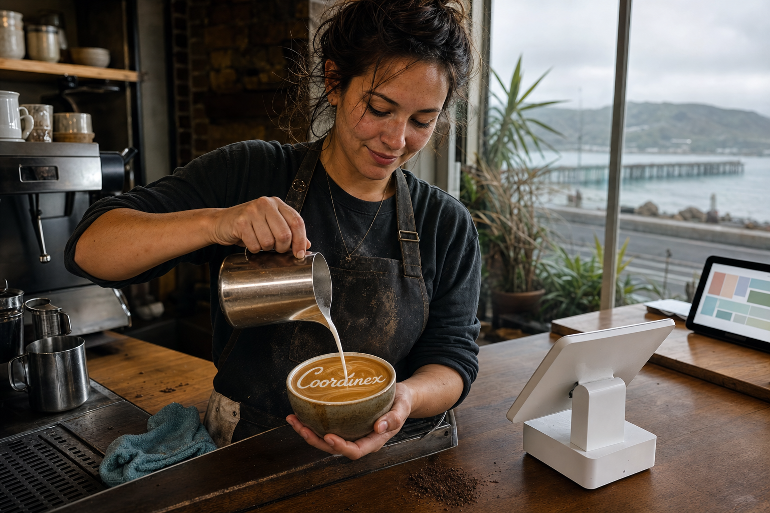 Young adult woman barista pouring milk into latte art spelling Coordinex, with a point-of-sale tablet nearby inside a coffee shop in Pacifica, CA.