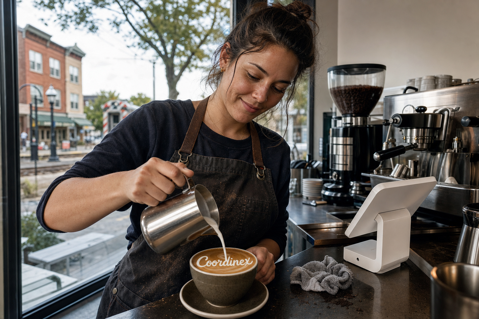 Young adult woman barista pouring milk into latte art spelling Coordinex, with a point-of-sale tablet nearby inside a coffee shop in Palatine, IL.