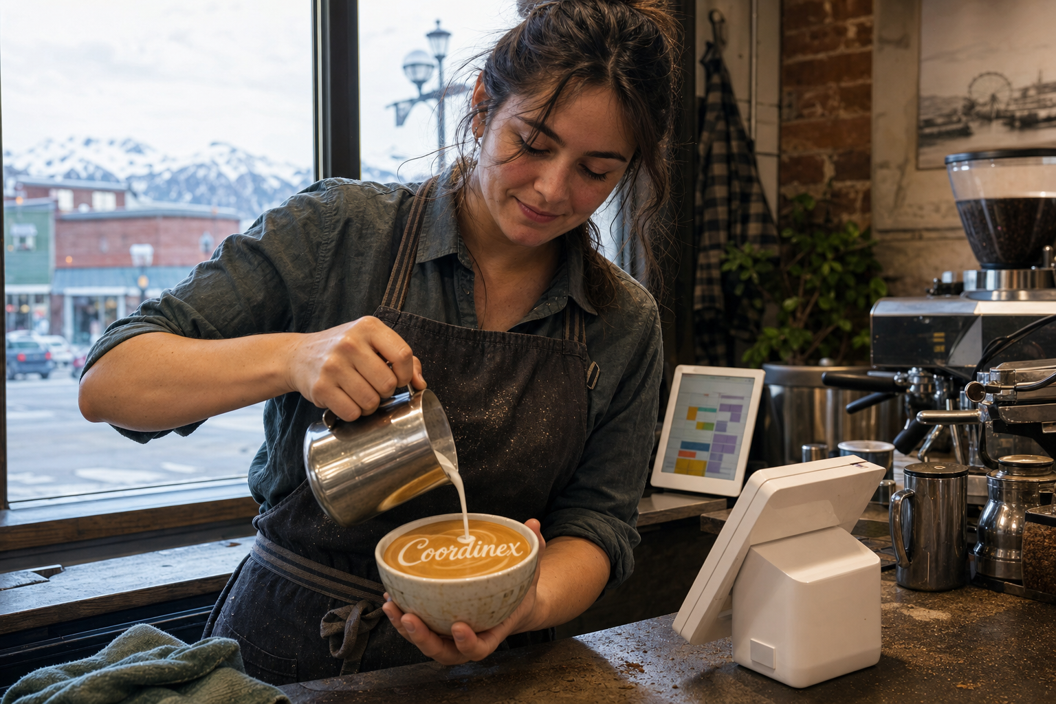 Young adult woman barista pouring milk into latte art spelling Coordinex, with a point-of-sale tablet nearby inside a coffee shop in Palmer, AK.
