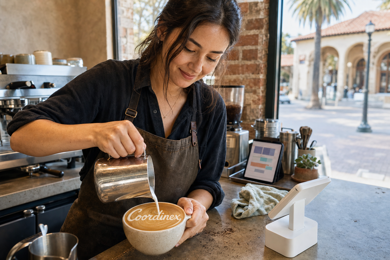 Young adult woman barista pouring milk into latte art spelling Coordinex, with a point-of-sale tablet nearby inside a coffee shop in Palo Alto, CA.