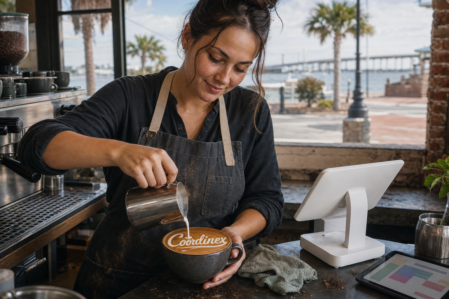 Young adult woman barista pouring milk into latte art spelling Coordinex, with a point-of-sale tablet nearby inside a coffee shop in Panama City, FL.