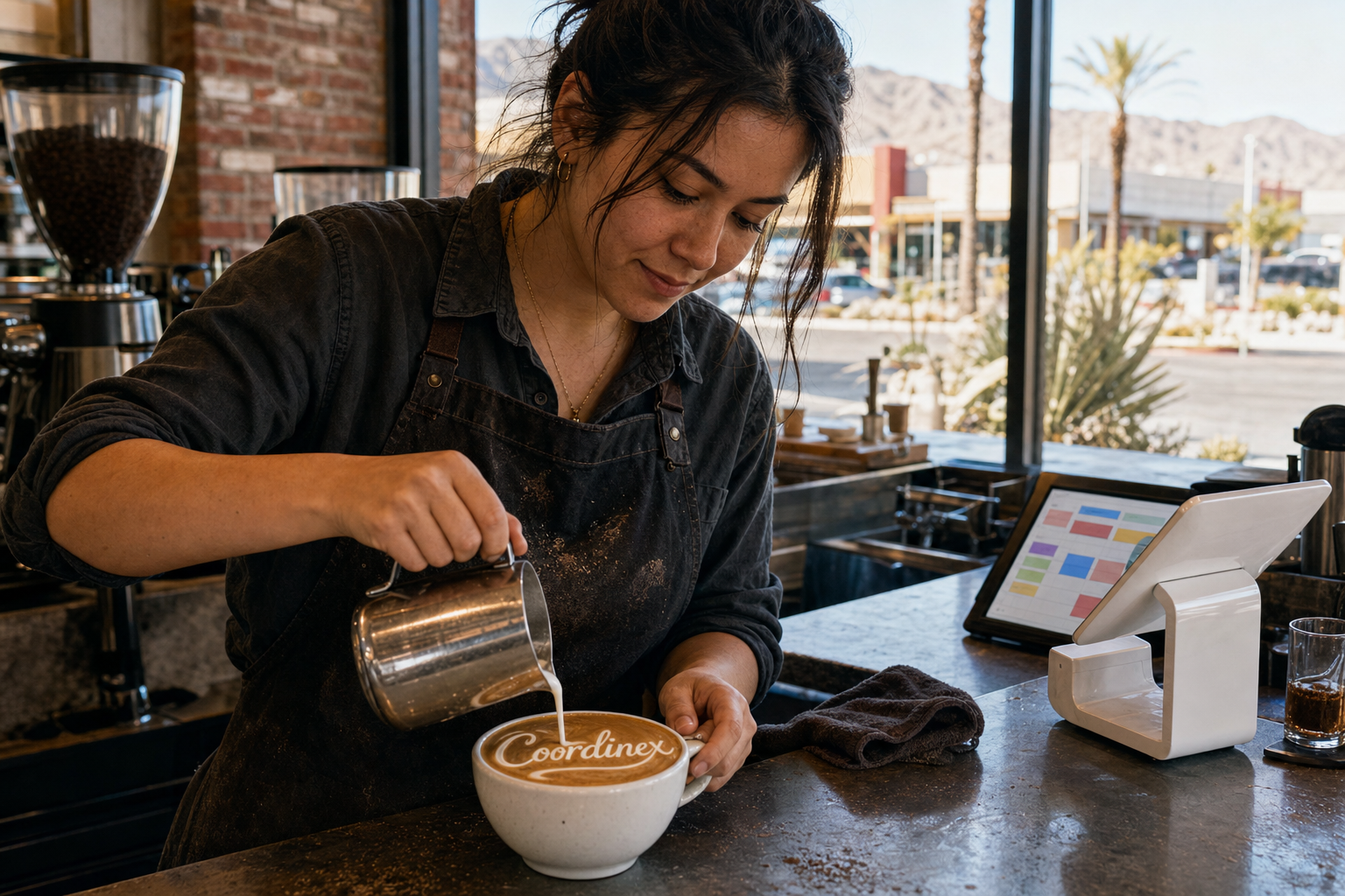 Young adult woman barista pouring milk into latte art spelling Coordinex, with a point-of-sale tablet nearby inside a coffee shop in Paradise, NV.