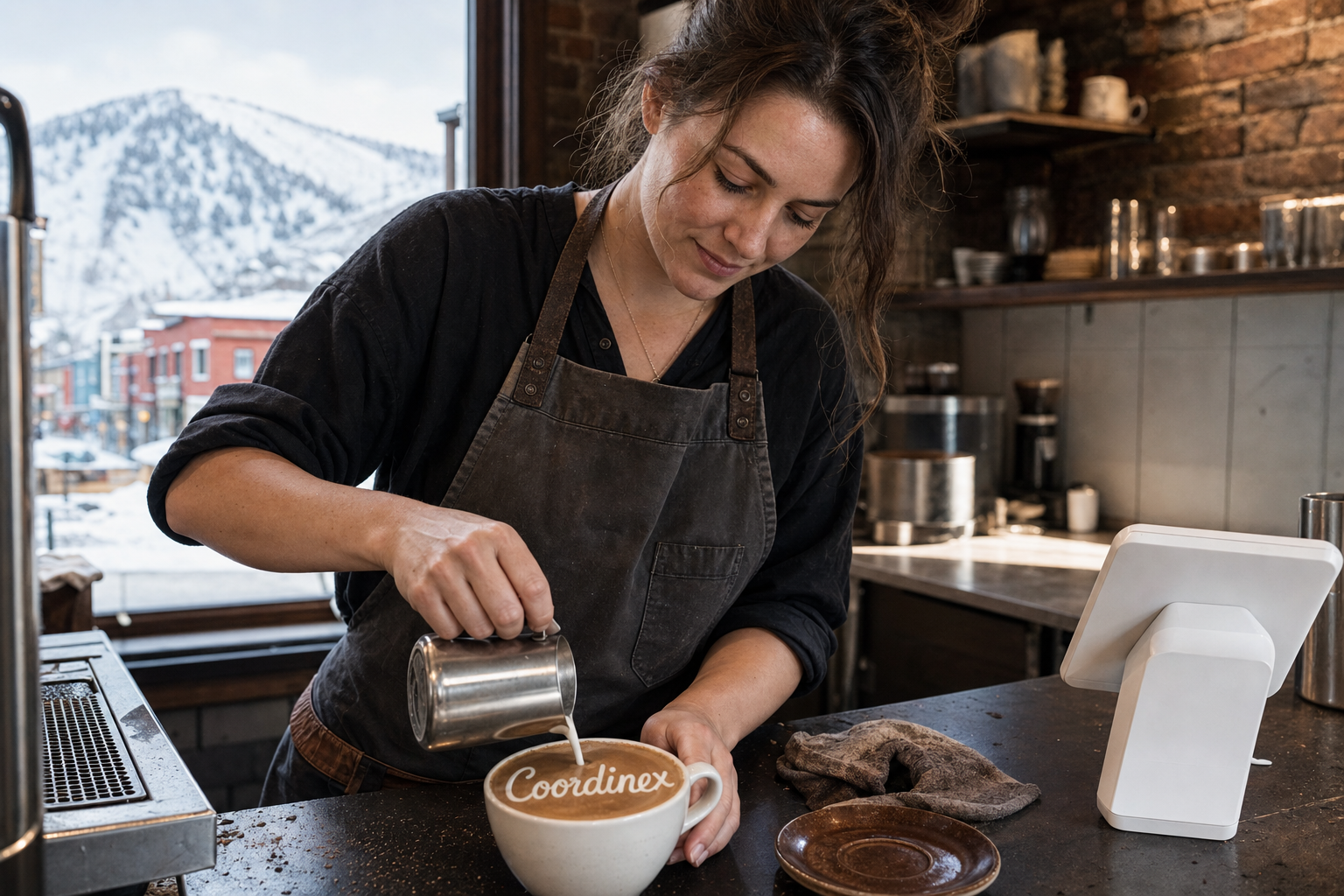 Young adult woman barista pouring milk into latte art spelling Coordinex, with a point-of-sale tablet nearby inside a coffee shop in Park City, UT.
