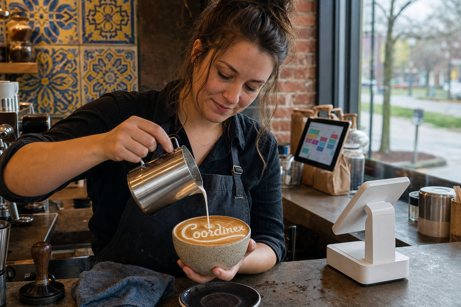 Young adult woman barista pouring milk into latte art spelling Coordinex, with a point-of-sale tablet nearby inside a coffee shop in Parma, OH.
