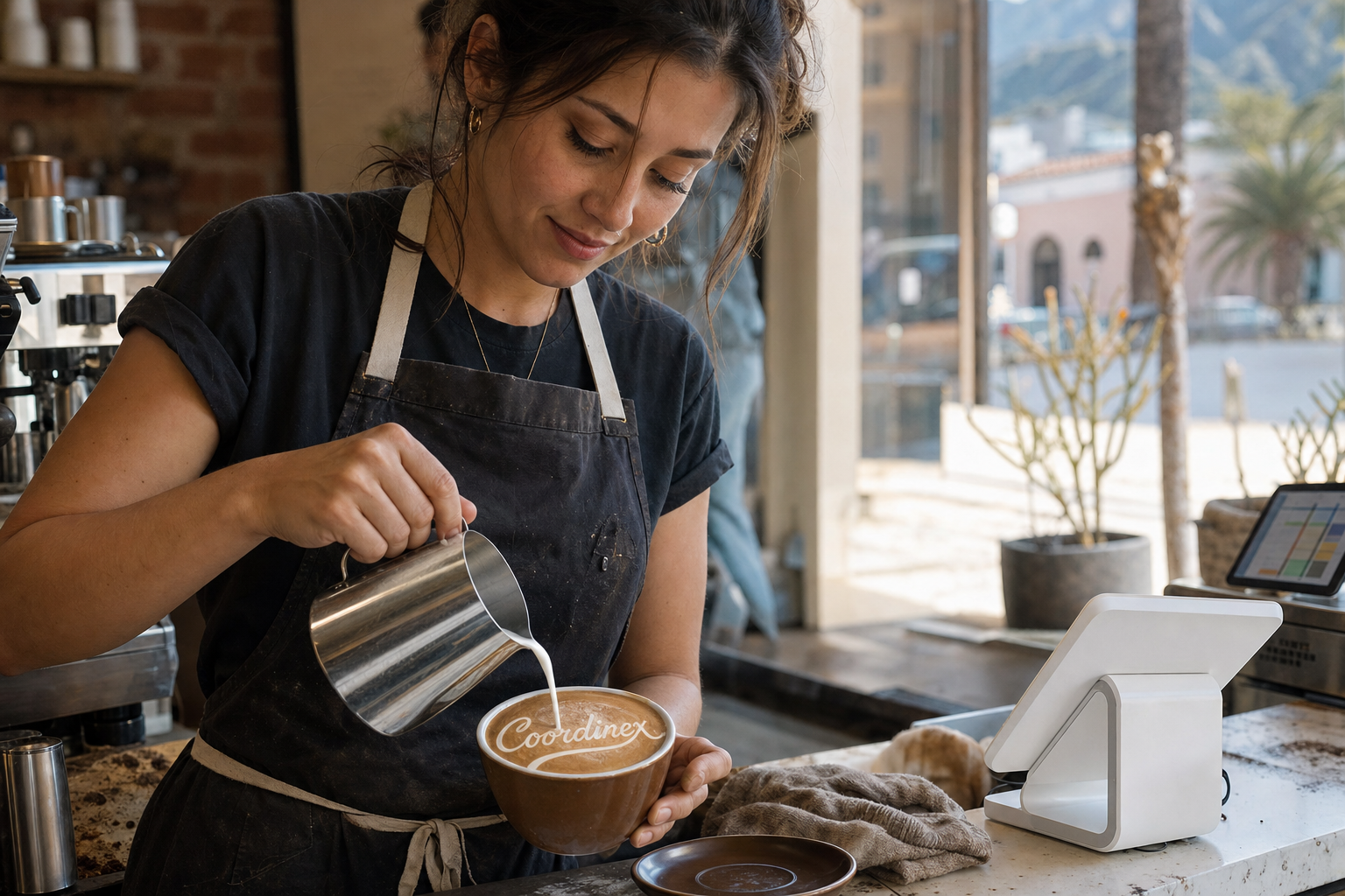 Young adult woman barista pouring milk into latte art spelling Coordinex, with a point-of-sale tablet nearby inside a coffee shop in Pasadena, CA.