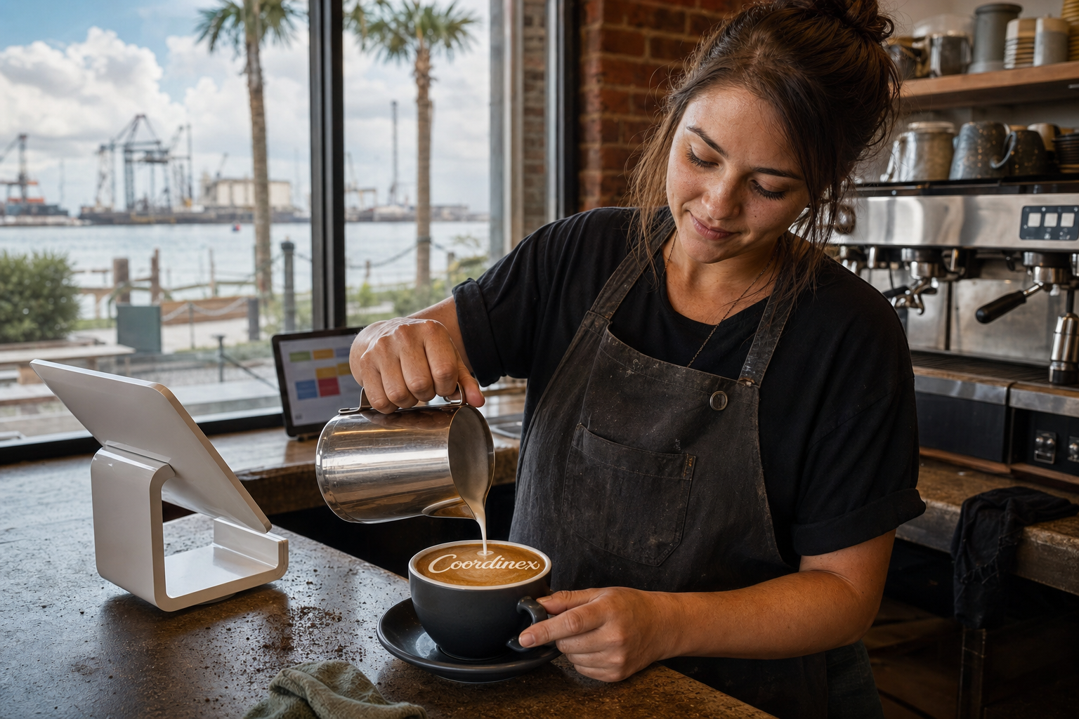 Young adult woman barista pouring milk into latte art spelling Coordinex, with a point-of-sale tablet nearby inside a coffee shop in Pascagoula, MS.