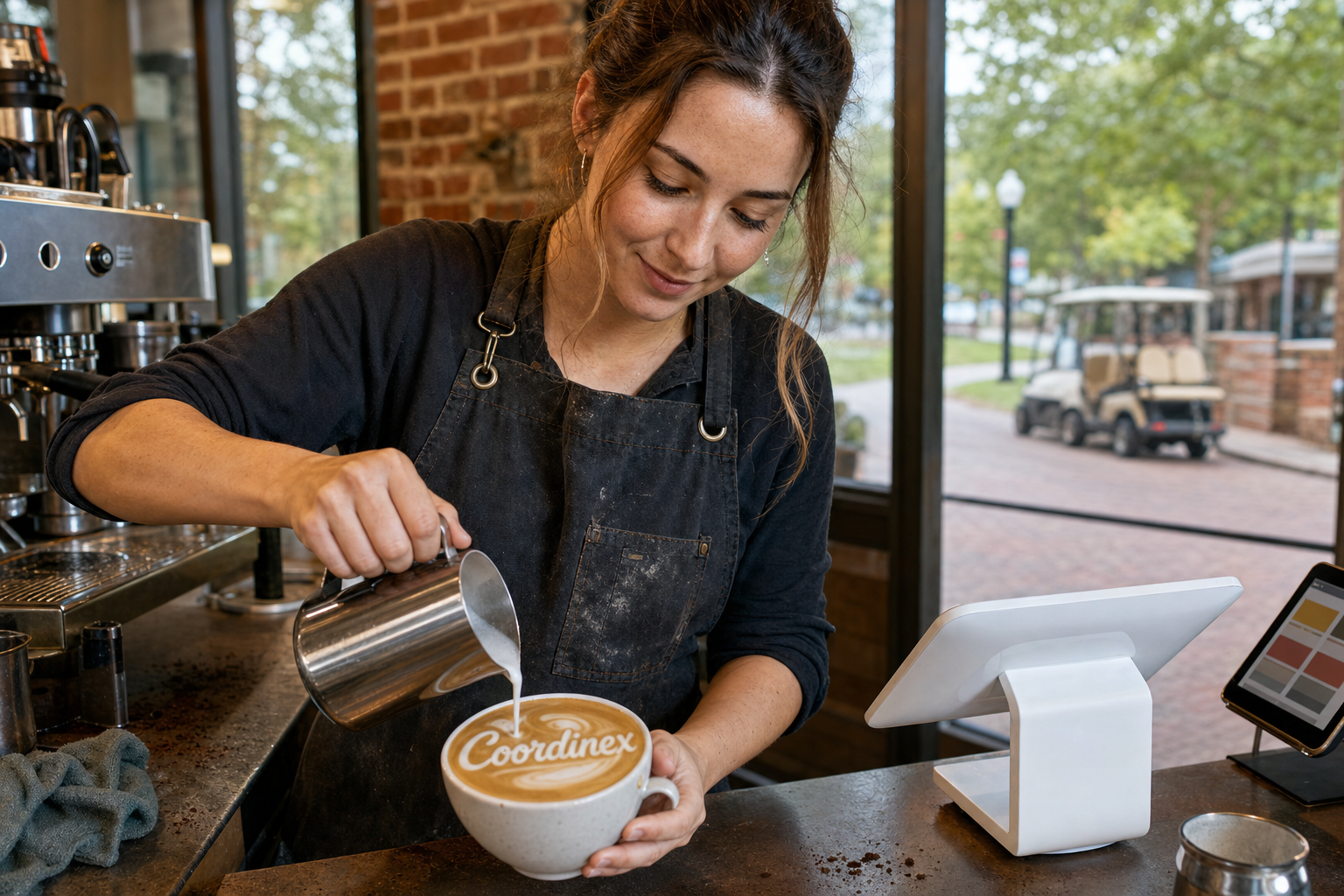 Young adult woman barista pouring milk into latte art spelling Coordinex, with a point-of-sale tablet nearby inside a coffee shop in Peachtree City, GA.
