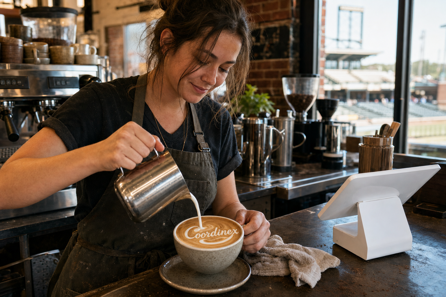 Young adult woman barista pouring milk into latte art spelling Coordinex, with a point-of-sale tablet nearby inside a coffee shop in Pearl, MS.