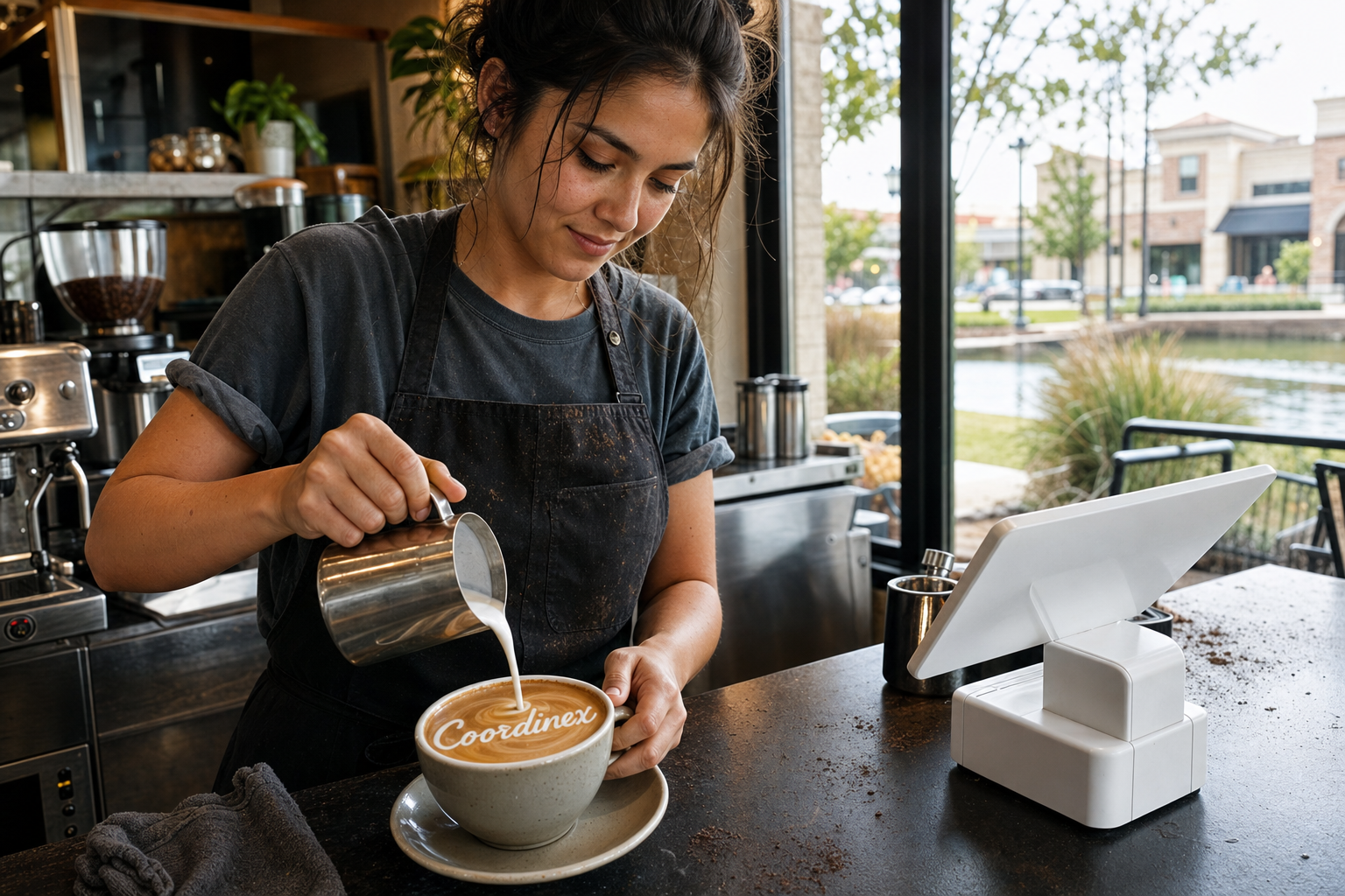 Young adult woman barista pouring milk into latte art spelling Coordinex, with a point-of-sale tablet nearby inside a coffee shop in Pearland, TX.