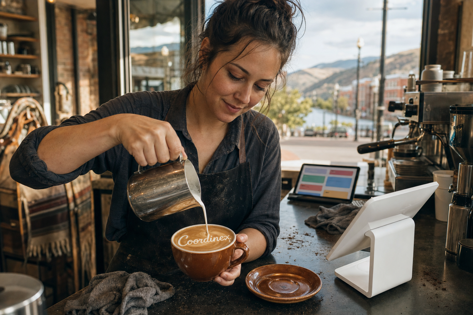 Young adult woman barista pouring milk into latte art spelling Coordinex, with a point-of-sale tablet nearby inside a coffee shop in Pendleton, OR.