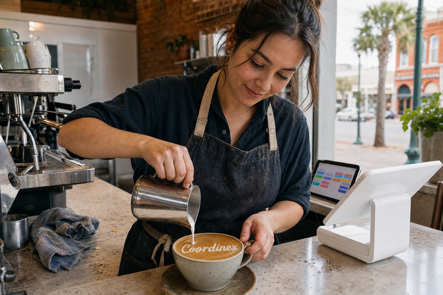 Young adult woman barista pouring milk into latte art spelling Coordinex, with a point-of-sale tablet nearby inside a coffee shop in Pensacola, FL.