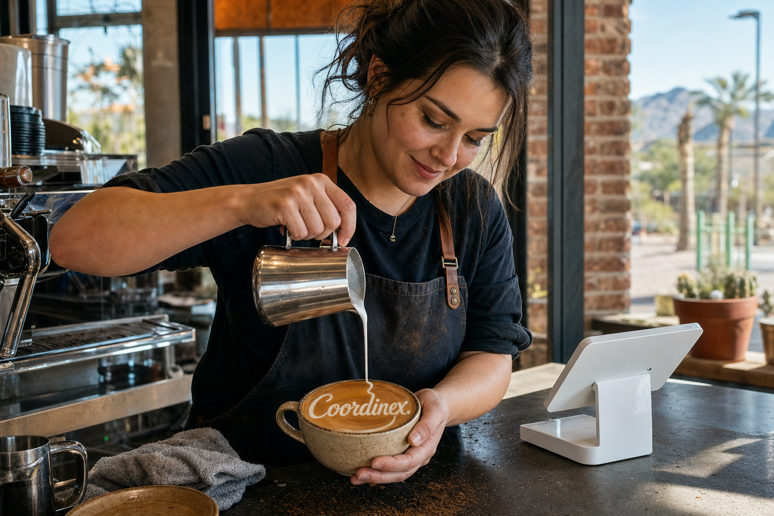 Young adult woman barista pouring milk into latte art spelling Coordinex, with a point-of-sale tablet nearby inside a coffee shop in Peoria, AZ.