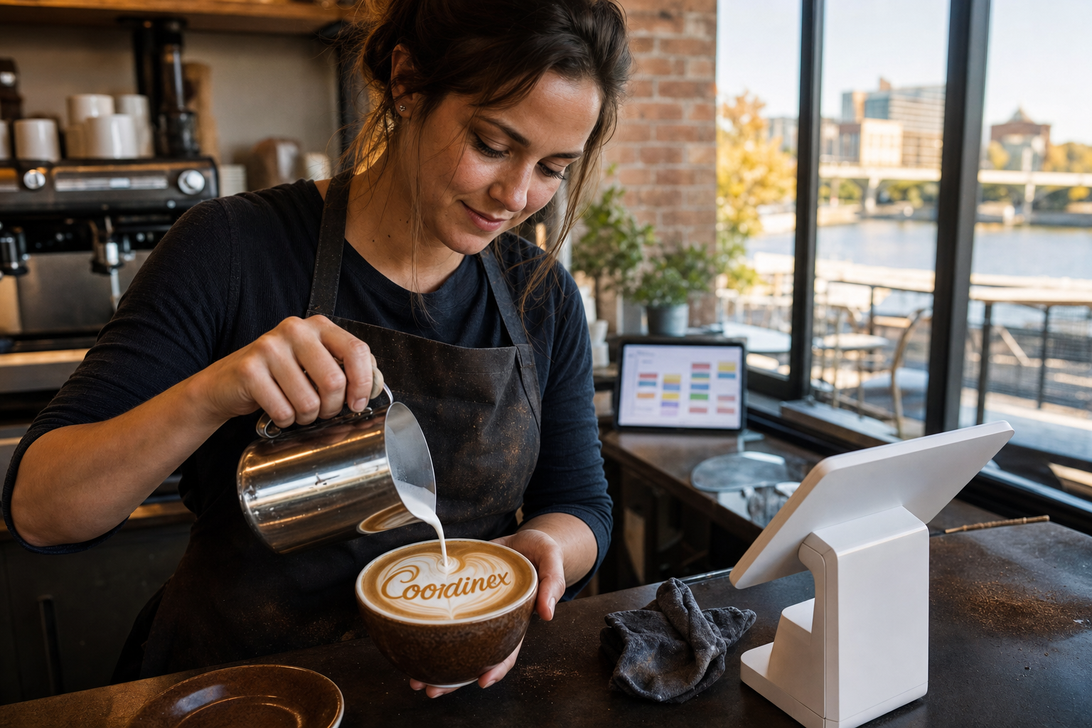 Young adult woman barista pouring milk into latte art spelling Coordinex, with a point-of-sale tablet nearby inside a coffee shop in Peoria, IL.