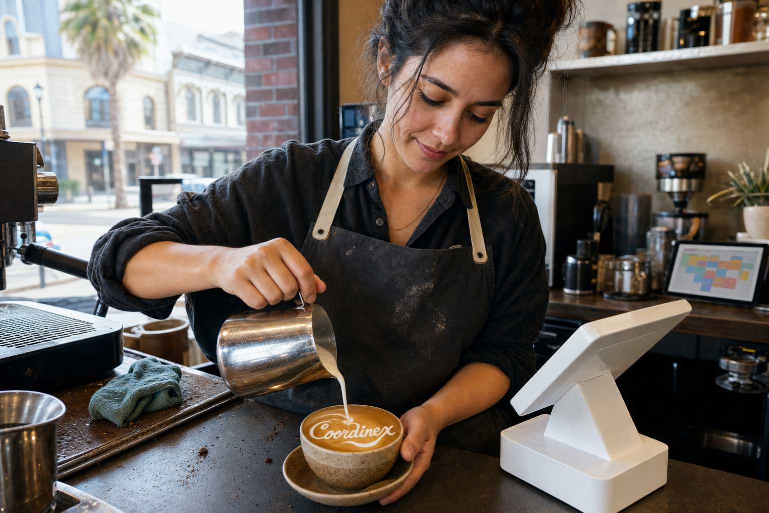 Young adult woman barista pouring milk into latte art spelling Coordinex, with a point-of-sale tablet nearby inside a coffee shop in Petaluma, CA.