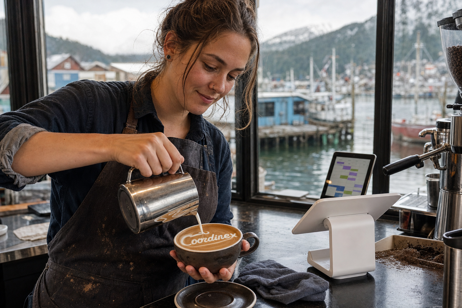 Young adult woman barista pouring milk into latte art spelling Coordinex, with a point-of-sale tablet nearby inside a coffee shop in Petersburg, AK.
