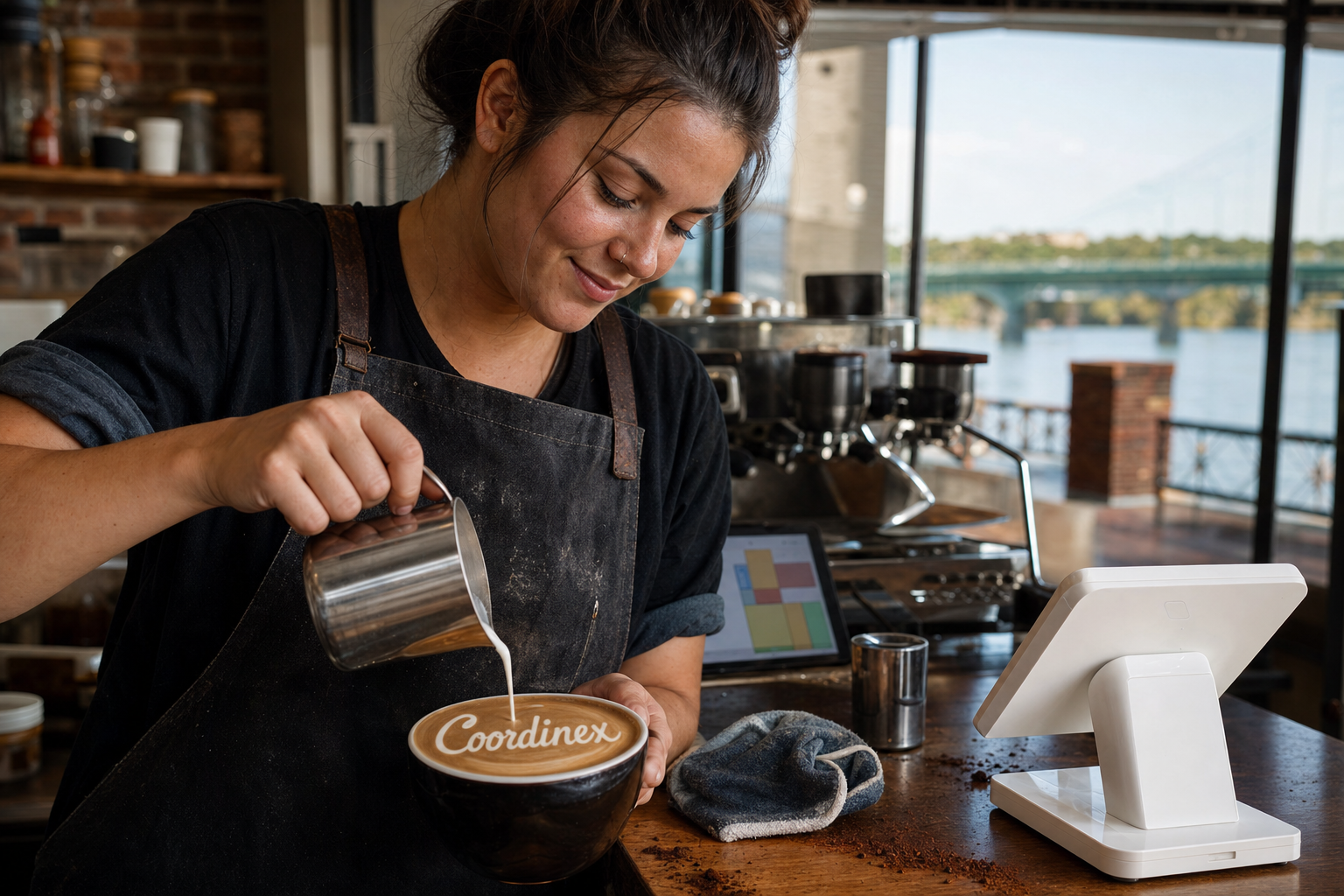 Young adult woman barista pouring milk into latte art spelling Coordinex, with a point-of-sale tablet nearby inside a coffee shop in Phenix City, AL.