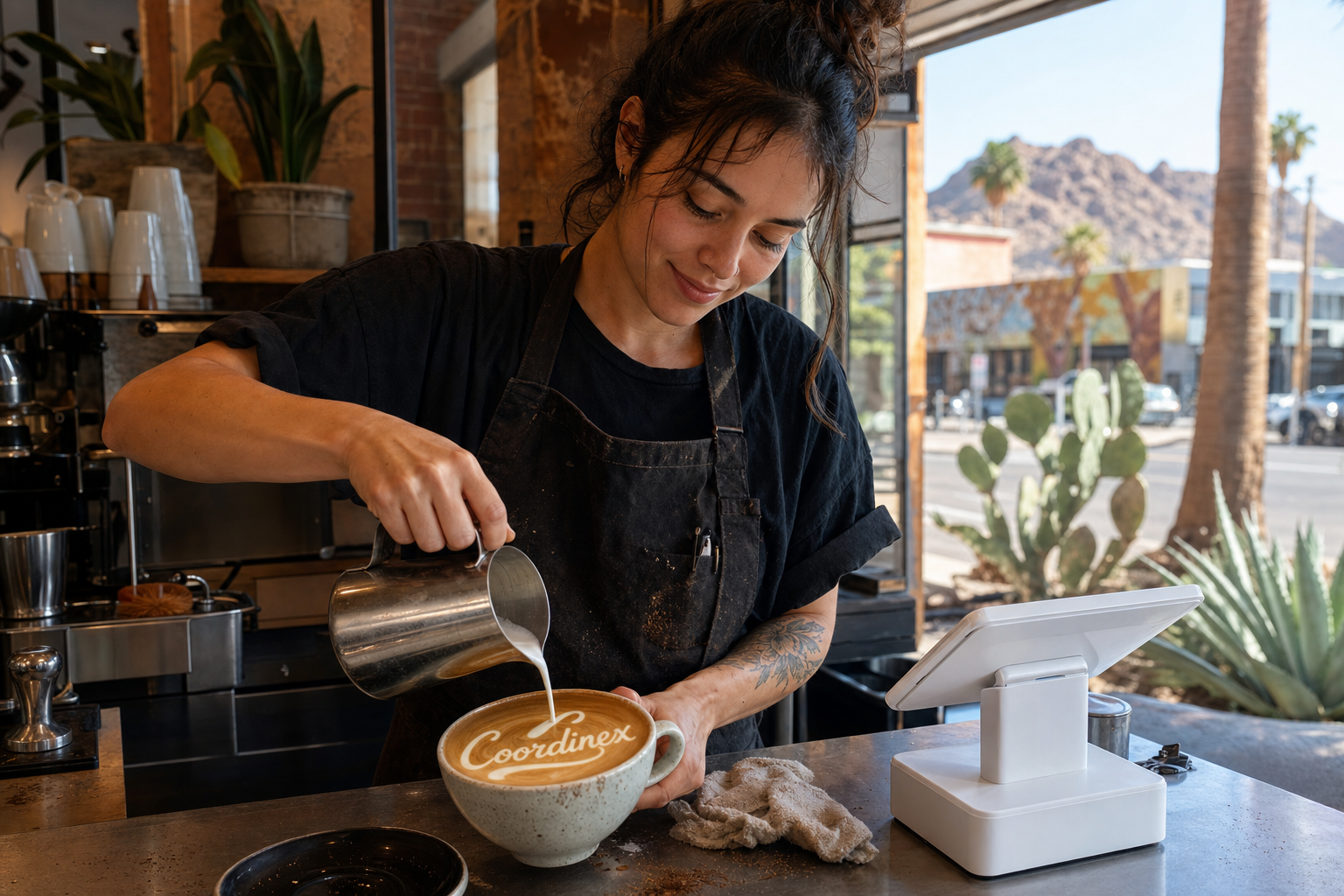 Young adult woman barista pouring milk into latte art spelling Coordinex, with a point-of-sale tablet nearby inside a coffee shop in Phoenix, AZ.