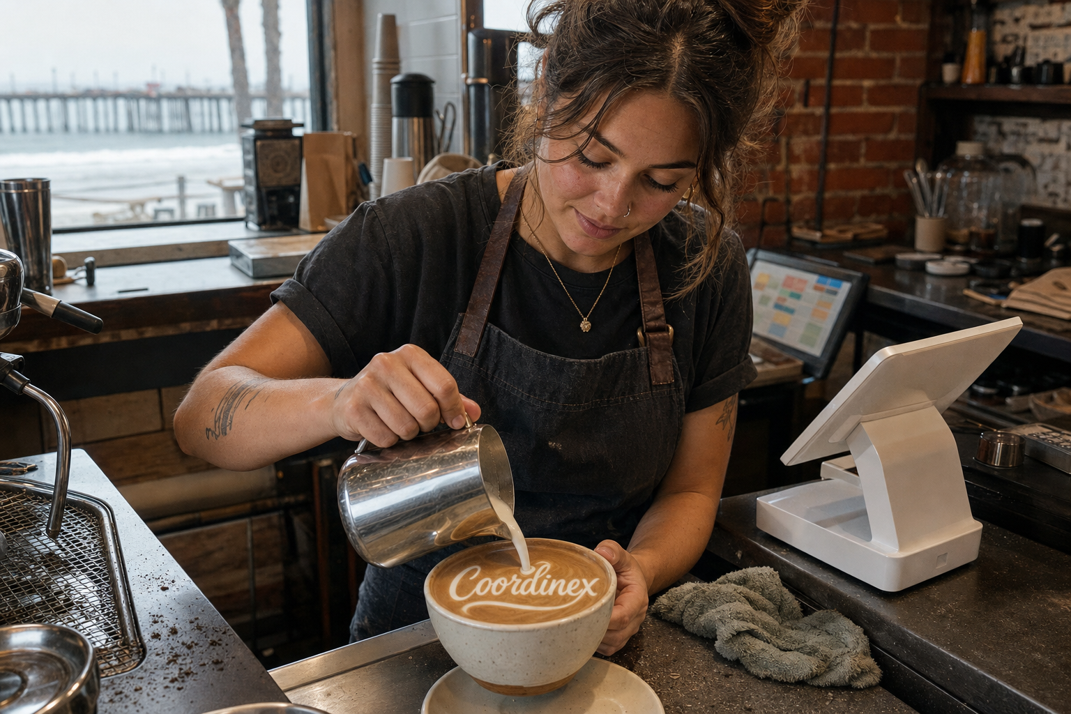 Young adult woman barista pouring milk into latte art spelling Coordinex, with a point-of-sale tablet nearby inside a coffee shop in Pismo Beach, CA.