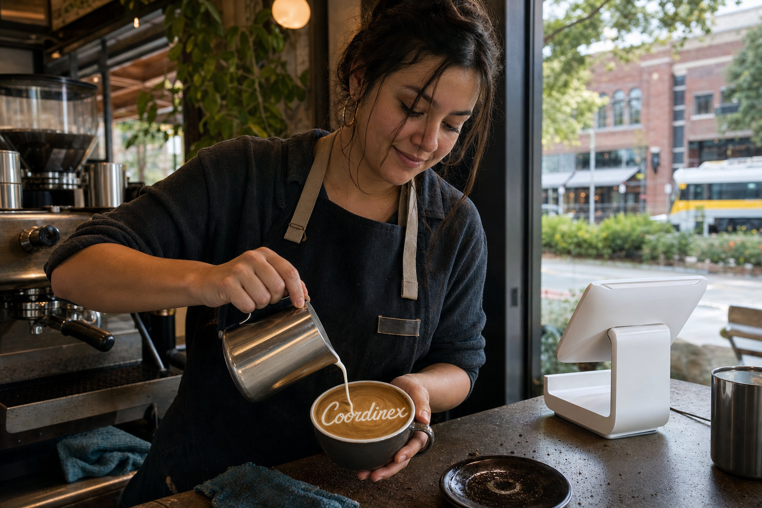 Young adult woman barista pouring milk into latte art spelling Coordinex, with a point-of-sale tablet nearby inside a coffee shop in Plano, TX.