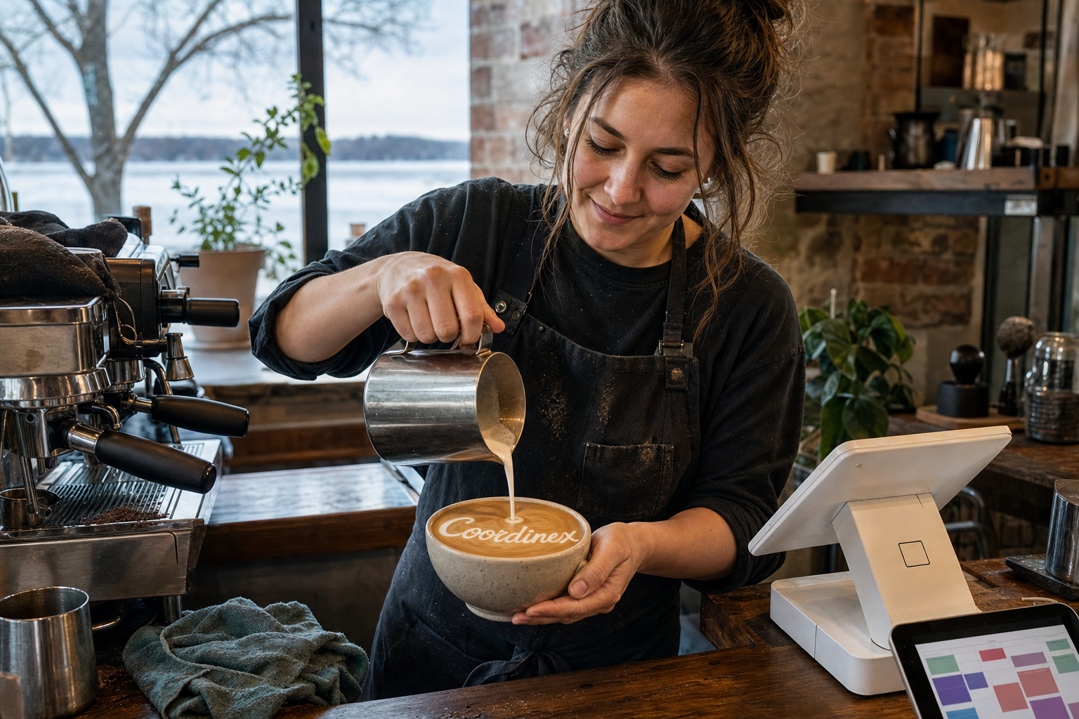 Young adult woman barista pouring milk into latte art spelling Coordinex, with a point-of-sale tablet nearby inside a coffee shop in Plymouth, MN.