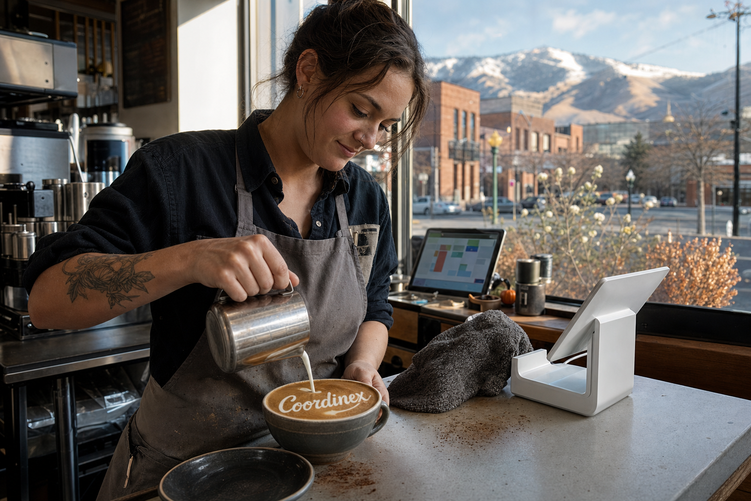 Young adult woman barista pouring milk into latte art spelling Coordinex, with a point-of-sale tablet nearby inside a coffee shop in Pocatello, ID.
