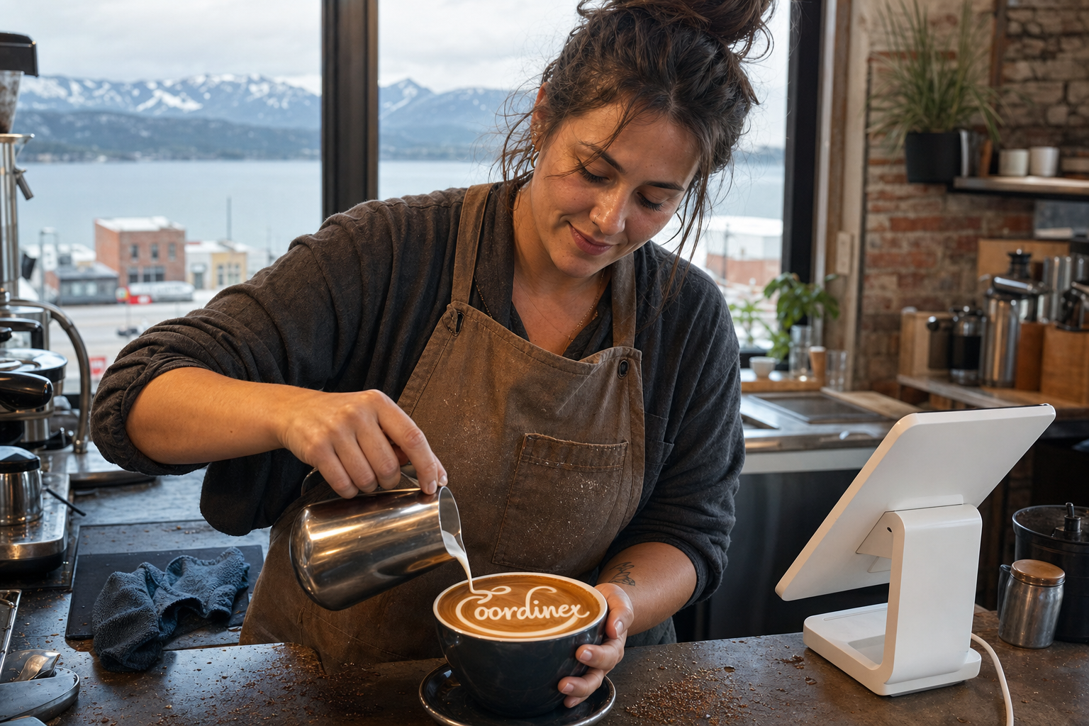 Young adult woman barista pouring milk into latte art spelling Coordinex, with a point-of-sale tablet nearby inside a coffee shop in Polson, MT.