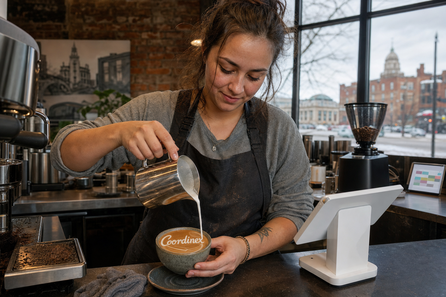 Young adult woman barista pouring milk into latte art spelling Coordinex, with a point-of-sale tablet nearby inside a coffee shop in Pontiac, MI.