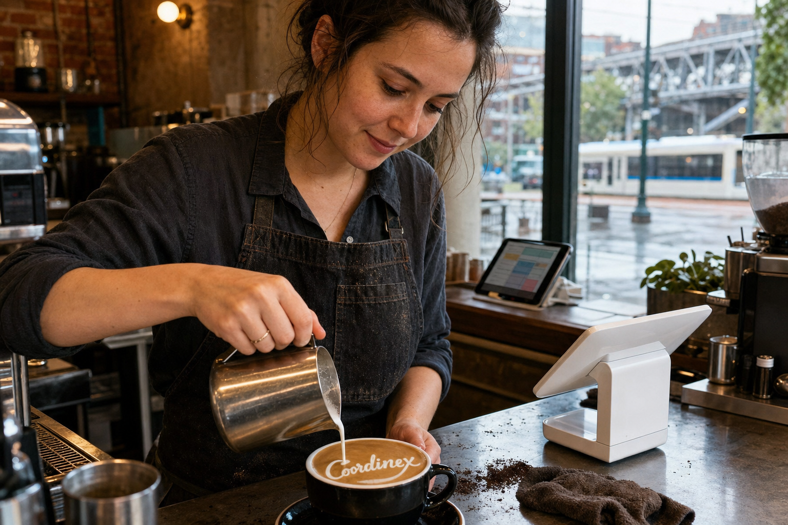 Young adult woman barista pouring milk into latte art spelling Coordinex, with a point-of-sale tablet nearby inside a coffee shop in Portland, OR.
