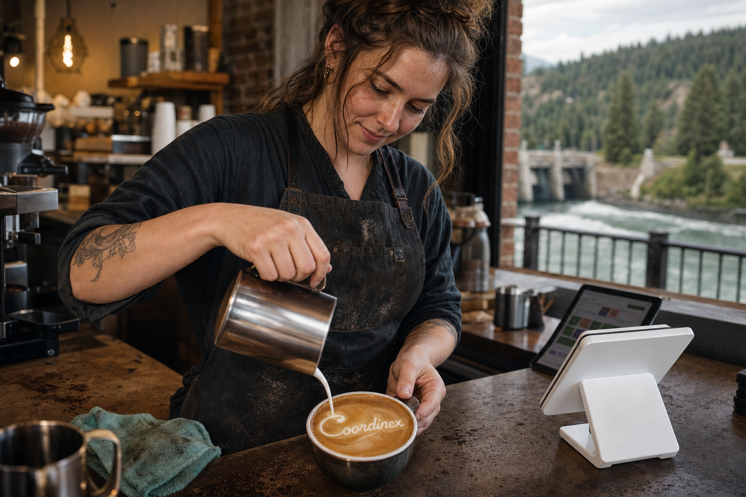 Young adult woman barista pouring milk into latte art spelling Coordinex, with a point-of-sale tablet nearby inside a coffee shop in Post Falls, ID.