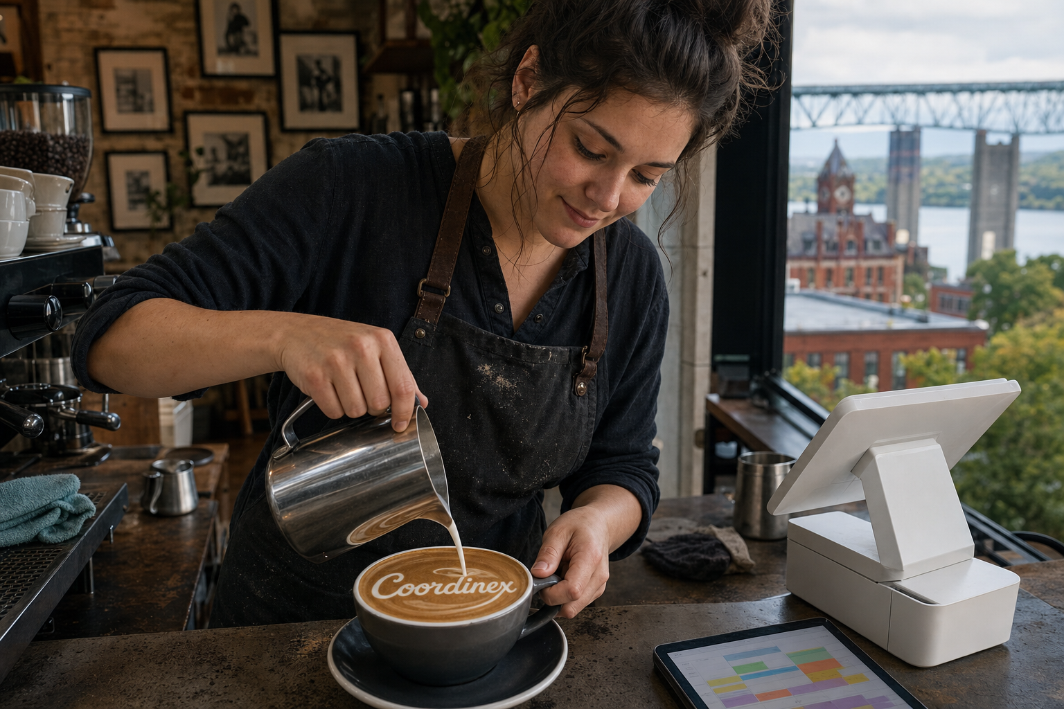 Young adult woman barista pouring milk into latte art spelling Coordinex, with a point-of-sale tablet nearby inside a coffee shop in Poughkeepsie, NY.