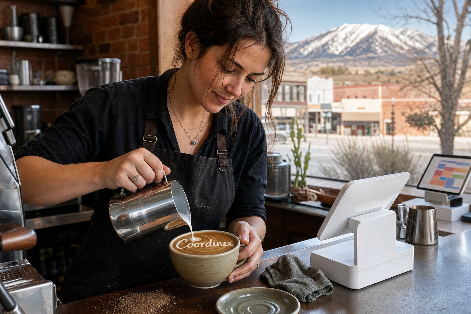 Young adult woman barista pouring milk into latte art spelling Coordinex, with a point-of-sale tablet nearby inside a coffee shop in Powell, WY.