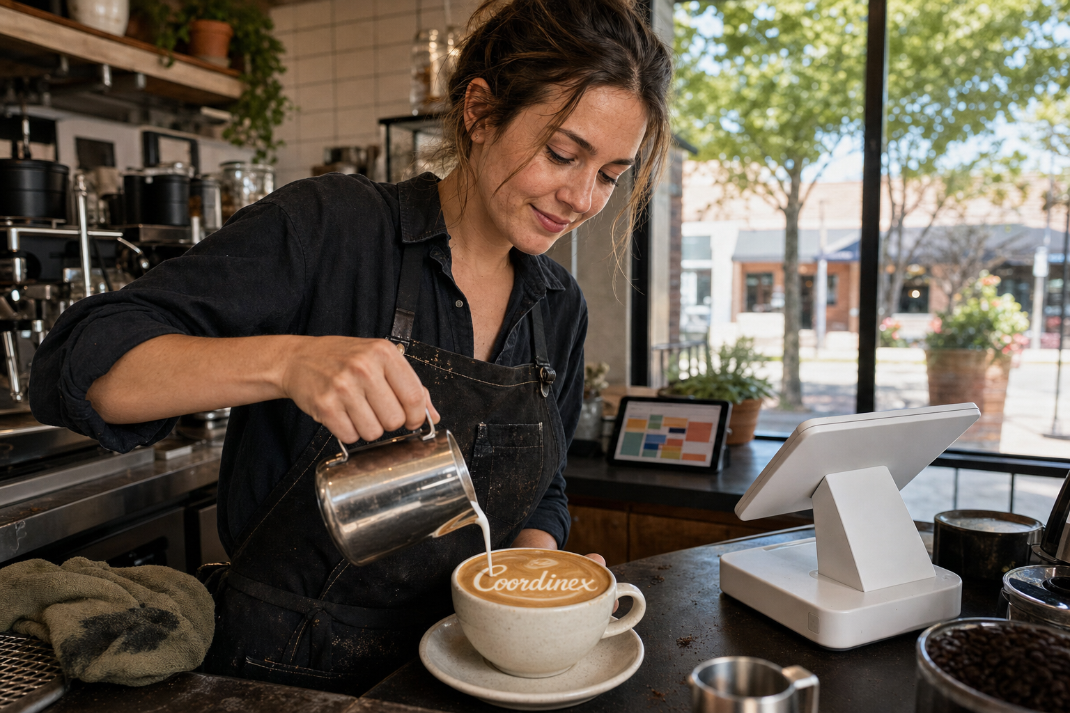 Young adult woman barista pouring milk into latte art spelling Coordinex, with a point-of-sale tablet nearby inside a coffee shop in Prairie Village, KS.