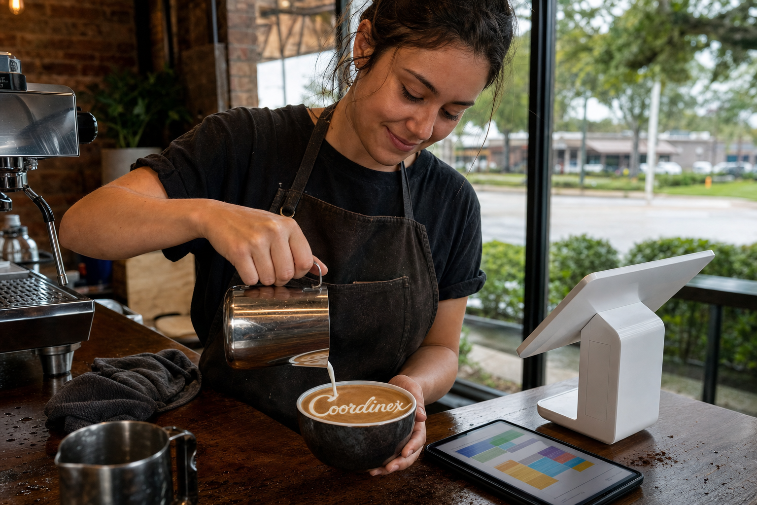 Young adult woman barista pouring milk into latte art spelling Coordinex, with a point-of-sale tablet nearby inside a coffee shop in Prairieville, LA.