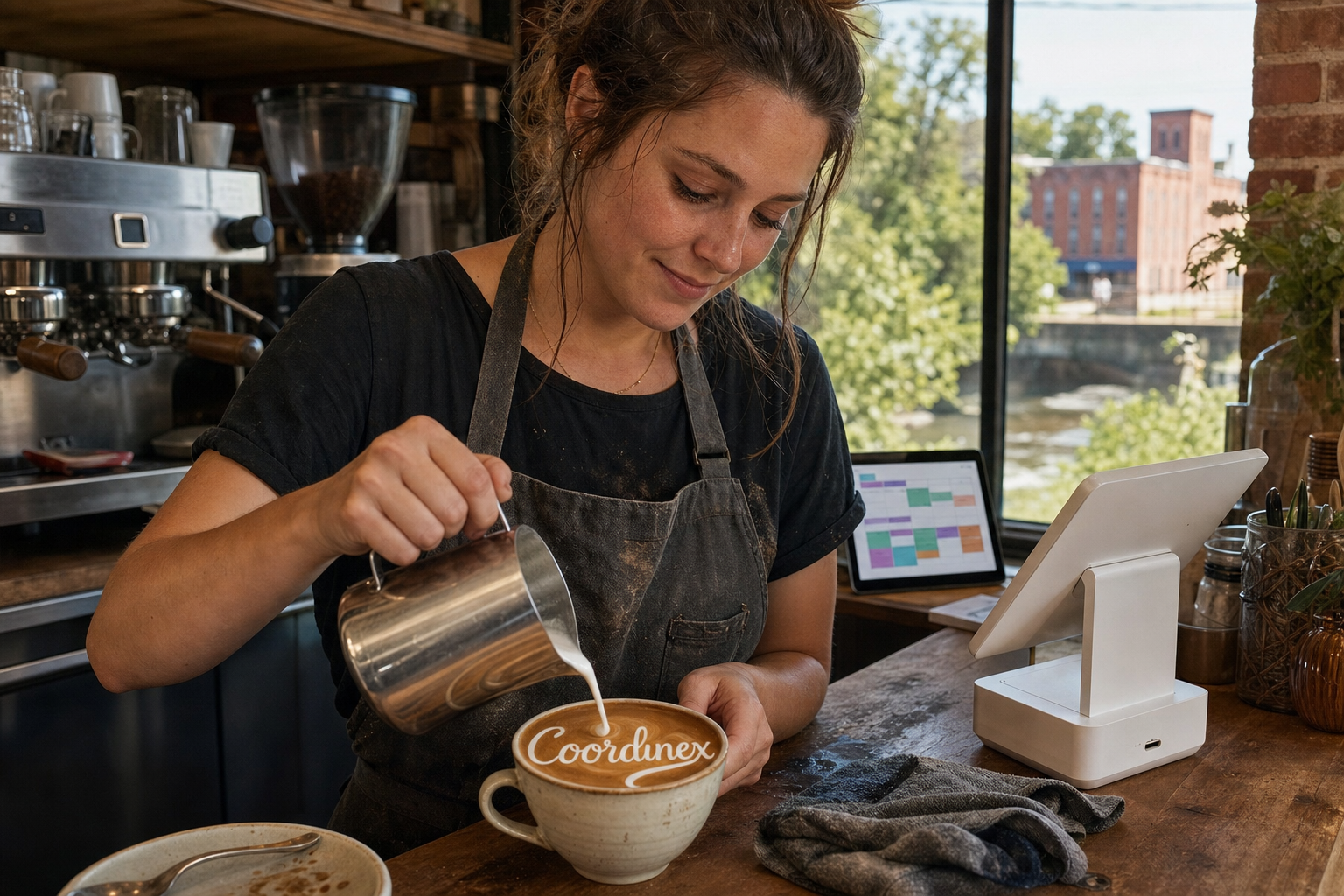 Young adult woman barista pouring milk into latte art spelling Coordinex, with a point-of-sale tablet nearby inside a coffee shop in Prattville, AL.