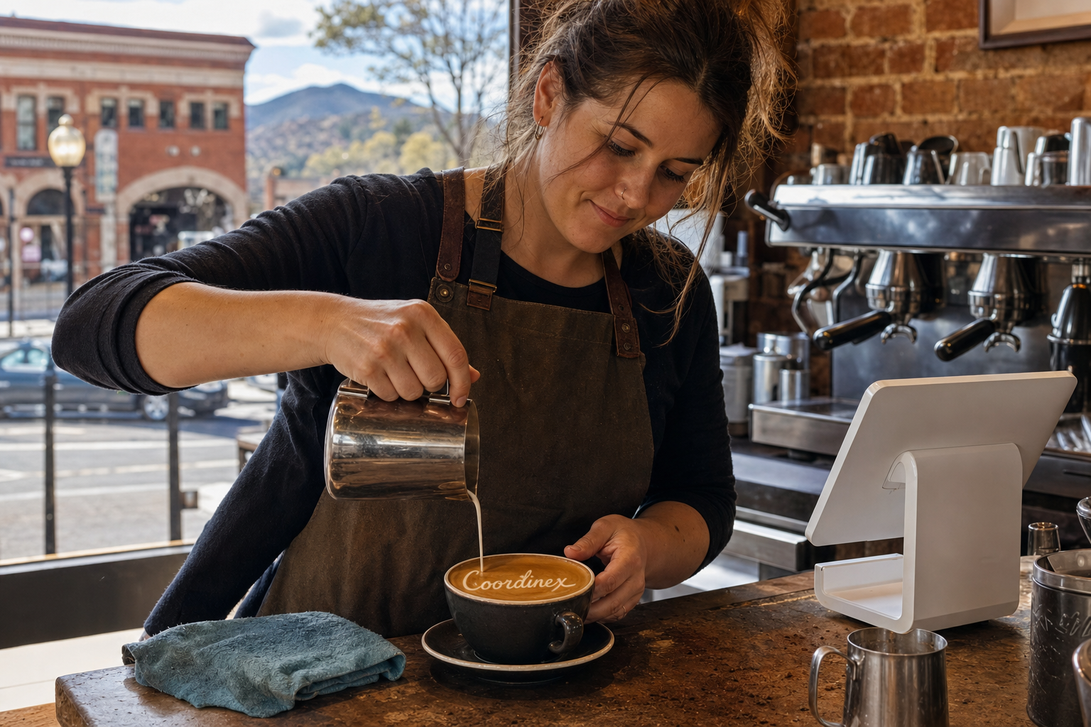Young adult woman barista pouring milk into latte art spelling Coordinex, with a point-of-sale tablet nearby inside a coffee shop in Prescott, AZ.