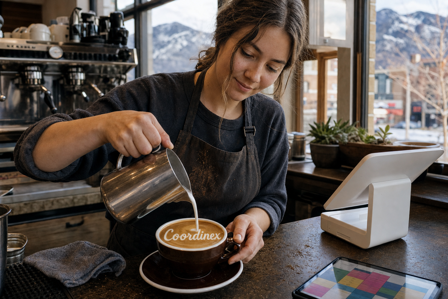 Young adult woman barista pouring milk into latte art spelling Coordinex, with a point-of-sale tablet nearby inside a coffee shop in Provo, UT.