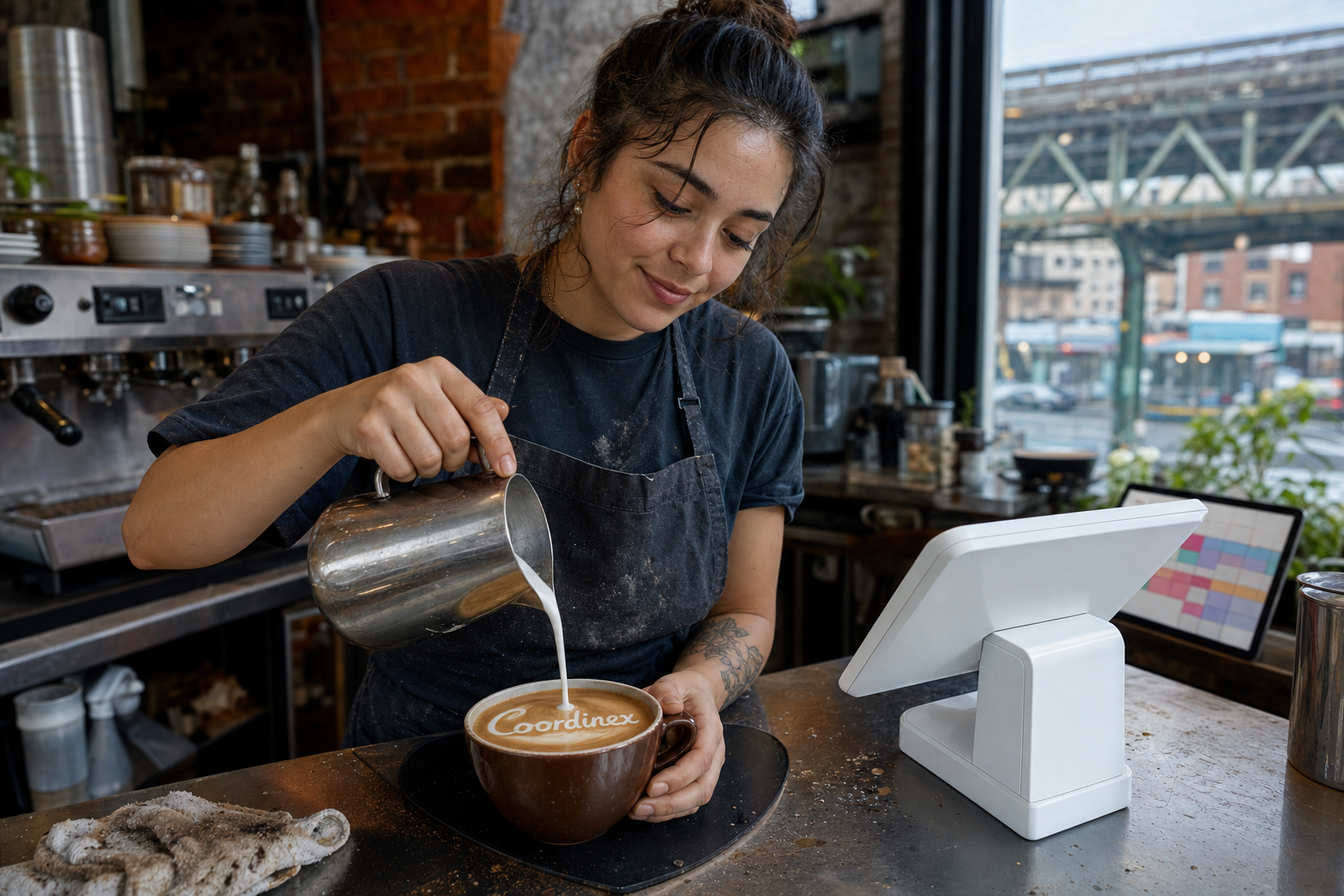Young adult woman barista pouring milk into latte art spelling Coordinex, with a point-of-sale tablet nearby inside a coffee shop in Queens, NY.
