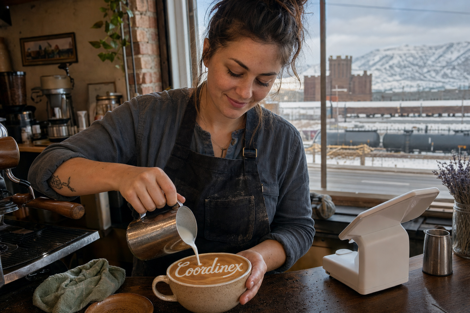 Young adult woman barista pouring milk into latte art spelling Coordinex, with a point-of-sale tablet nearby inside a coffee shop in Rawlins, WY.