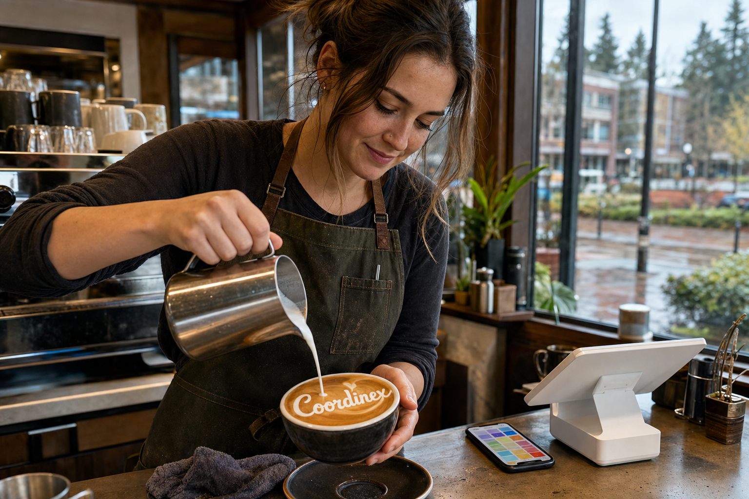 Young adult woman barista pouring milk into latte art spelling Coordinex, with a point-of-sale tablet nearby inside a coffee shop in Redmond, WA.