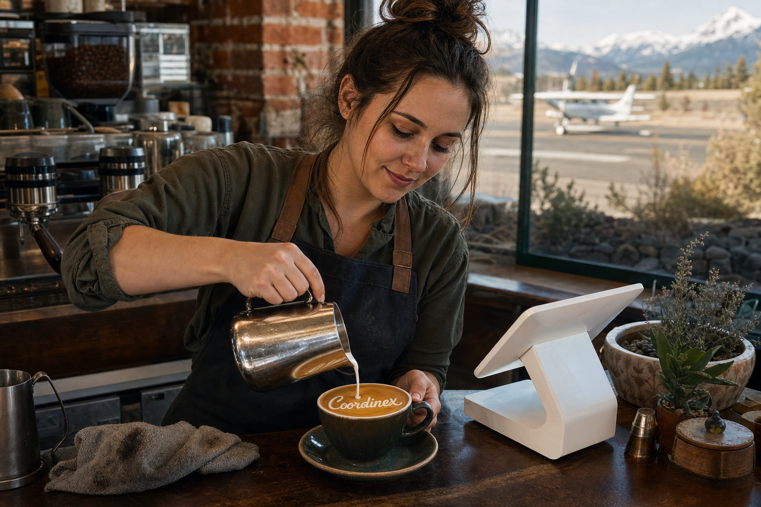 Young adult woman barista pouring milk into latte art spelling Coordinex, with a point-of-sale tablet nearby inside a coffee shop in Redmond, OR.
