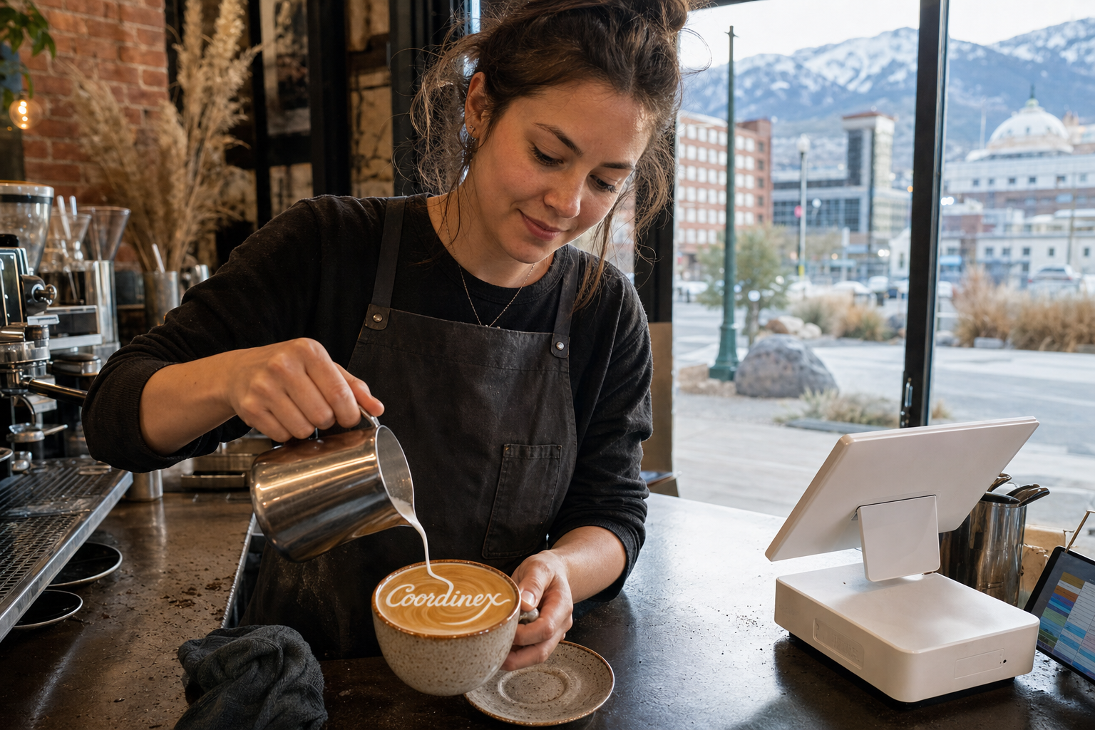 Young adult woman barista pouring milk into latte art spelling Coordinex, with a point-of-sale tablet nearby inside a coffee shop in Reno, NV.