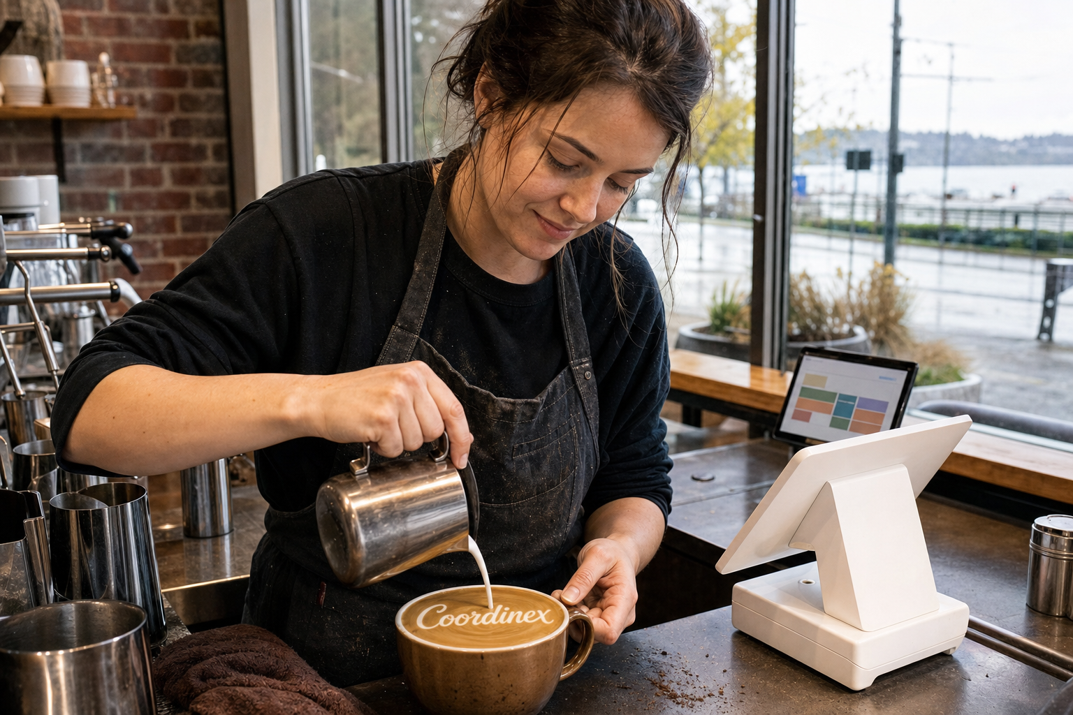Young adult woman barista pouring milk into latte art spelling Coordinex, with a point-of-sale tablet nearby inside a coffee shop in Renton, WA.