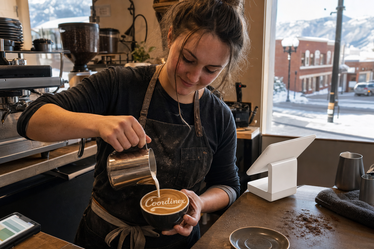 Young adult woman barista pouring milk into latte art spelling Coordinex, with a point-of-sale tablet nearby inside a coffee shop in Rexburg, ID.