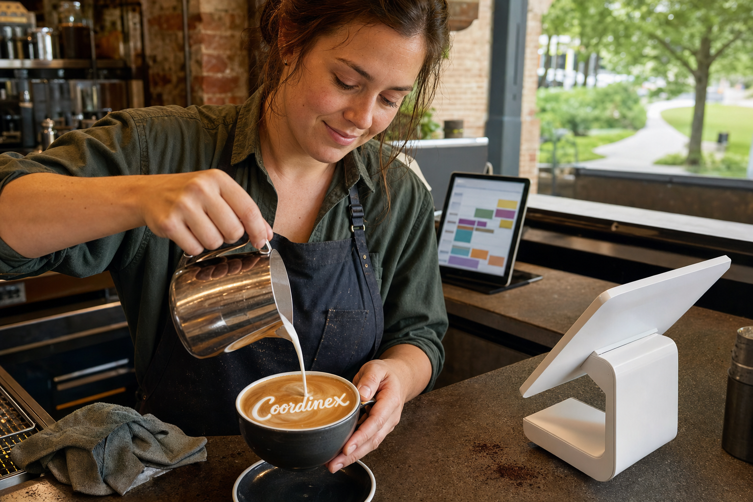 Young adult woman barista pouring milk into latte art spelling Coordinex, with a point-of-sale tablet nearby inside a coffee shop in Ridgeland, MS.