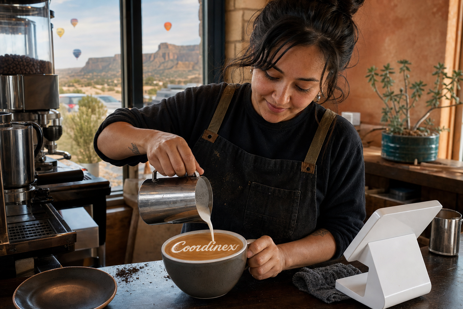 Young adult woman barista pouring milk into latte art spelling Coordinex, with a point-of-sale tablet nearby inside a coffee shop in Rio Rancho, NM.