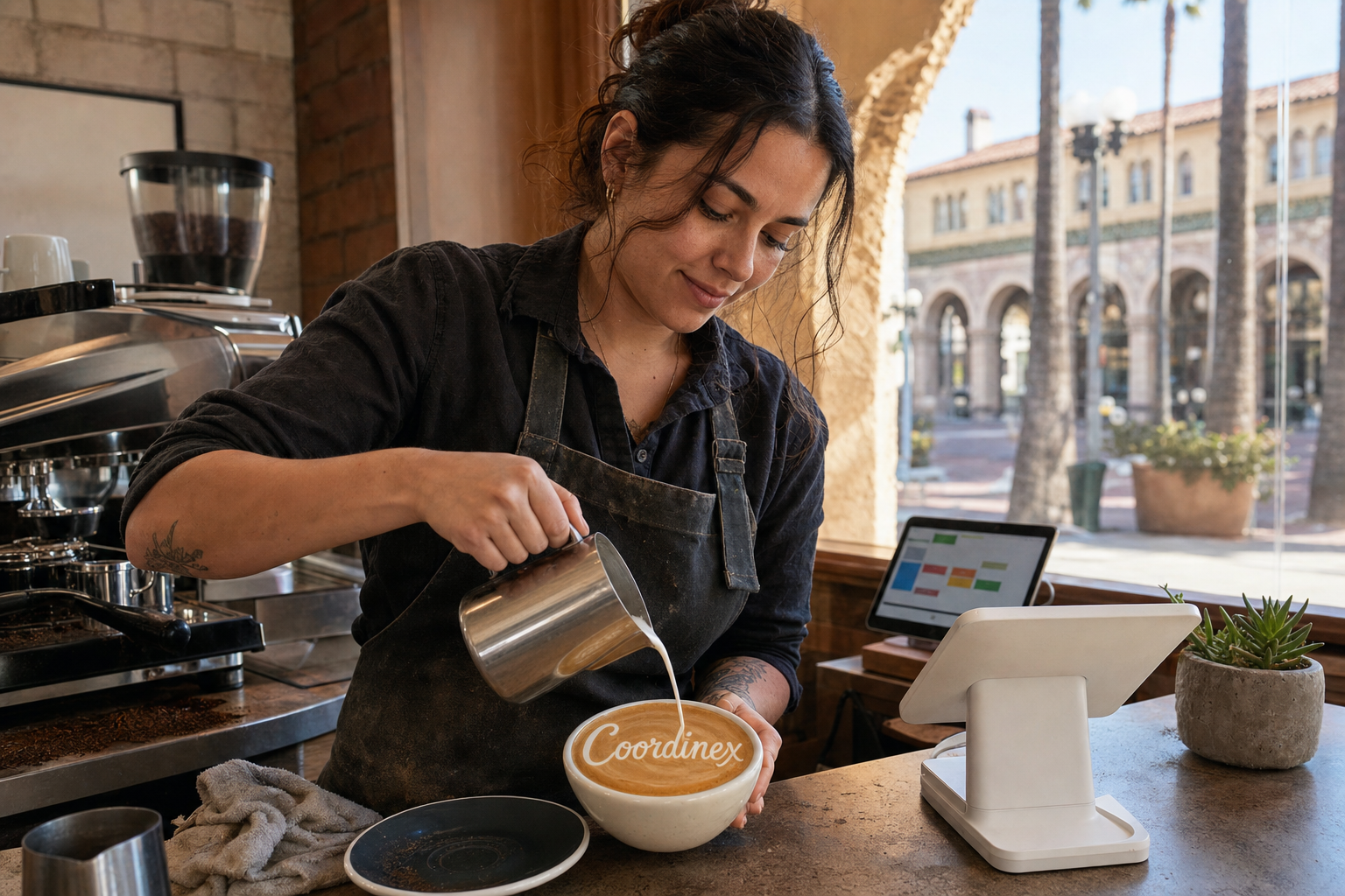 Young adult woman barista pouring milk into latte art spelling Coordinex, with a point-of-sale tablet nearby inside a coffee shop in Riverside, CA.