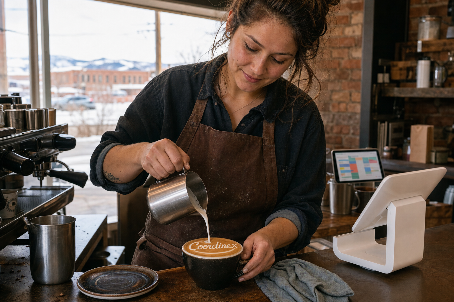 Young adult woman barista pouring milk into latte art spelling Coordinex, with a point-of-sale tablet nearby inside a coffee shop in Riverton, WY.